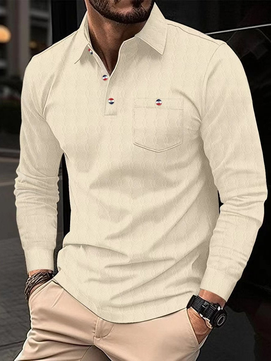 High Quality Men's Pocket Long Sleeve Jacquard Lapel Polo
