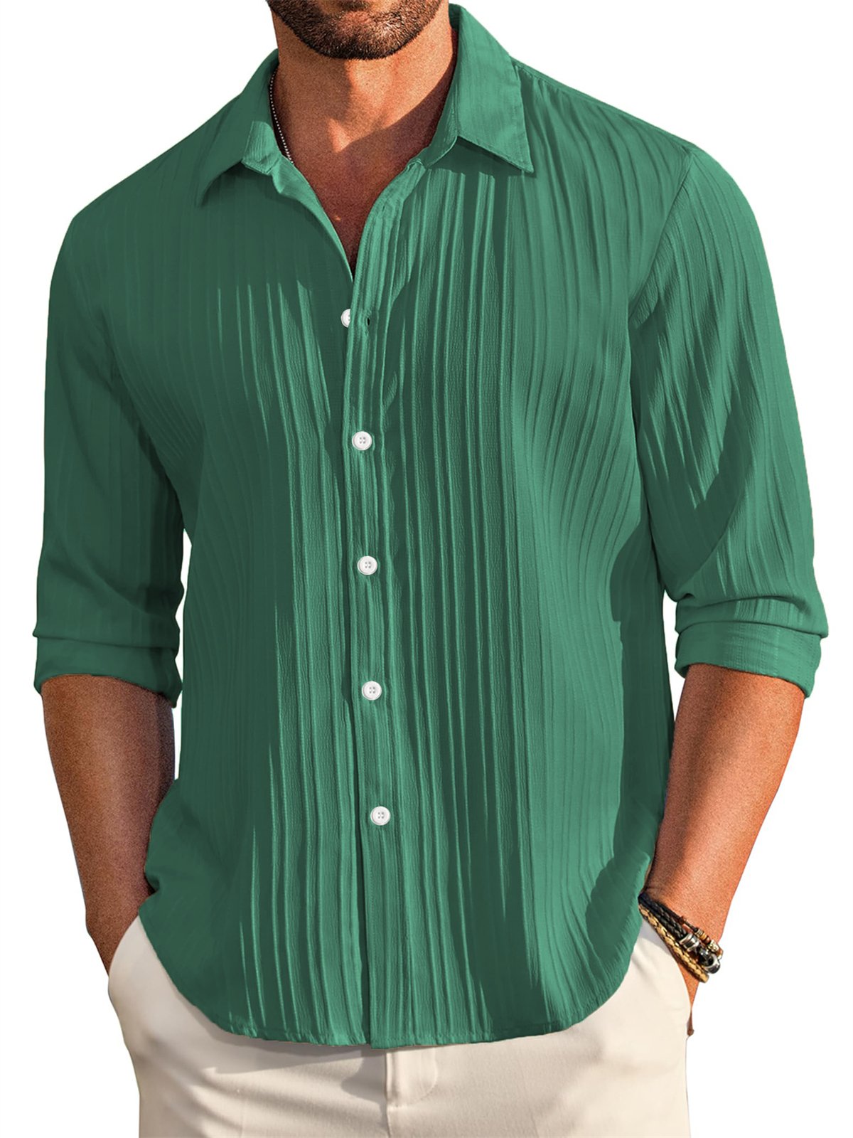 Men's Casual Comfortable Loose Textured Long Sleeve Shirt