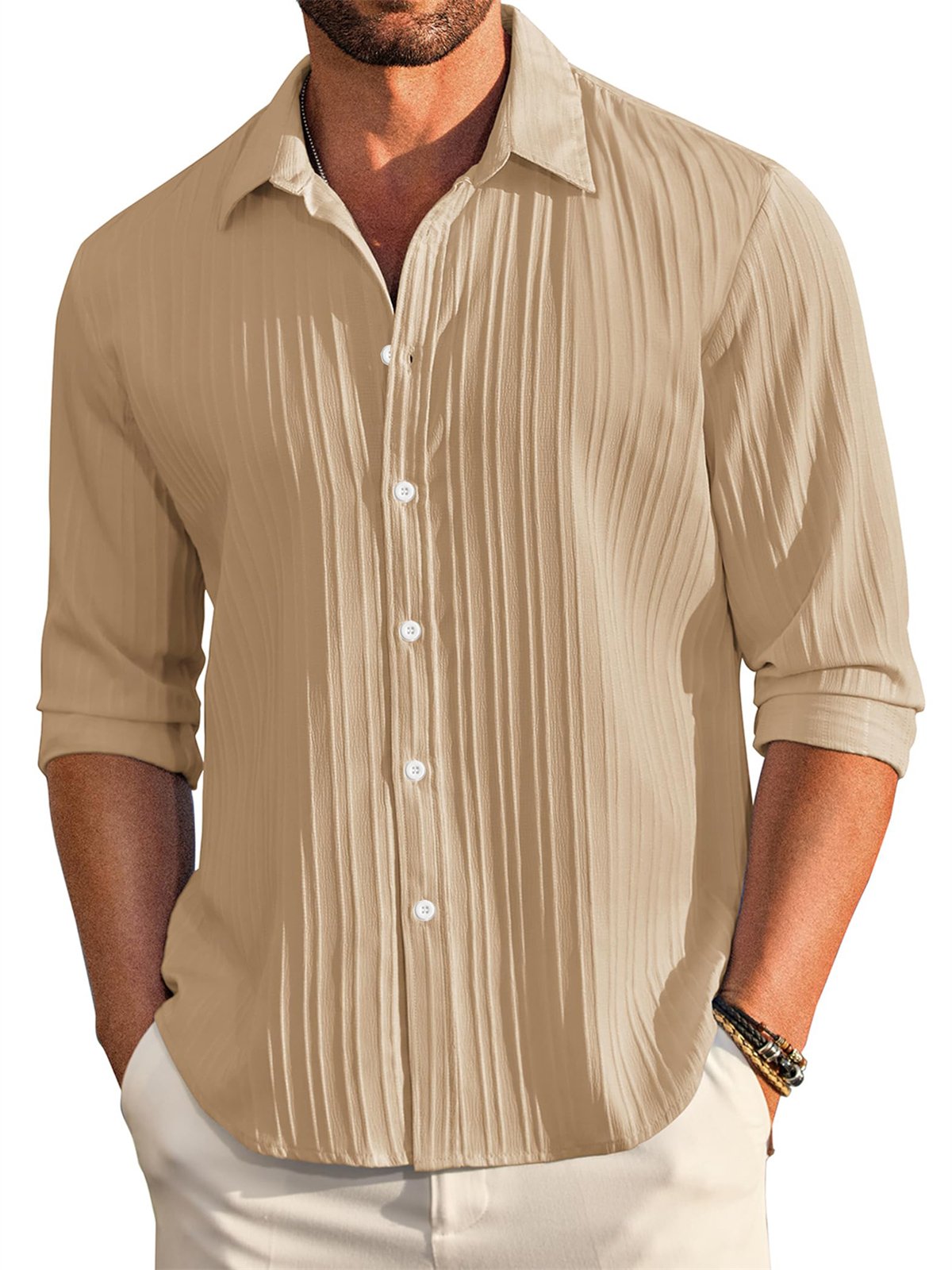 Men's Casual Comfortable Loose Textured Long Sleeve Shirt