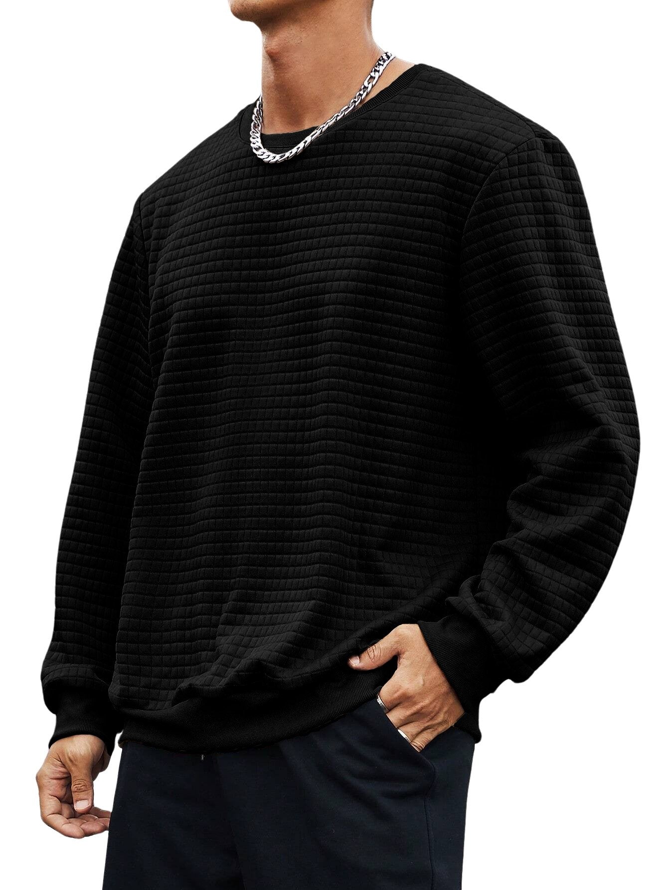 Men's Small Square Waffle Fabric Round Neck Long-sleeved Sweatshirt