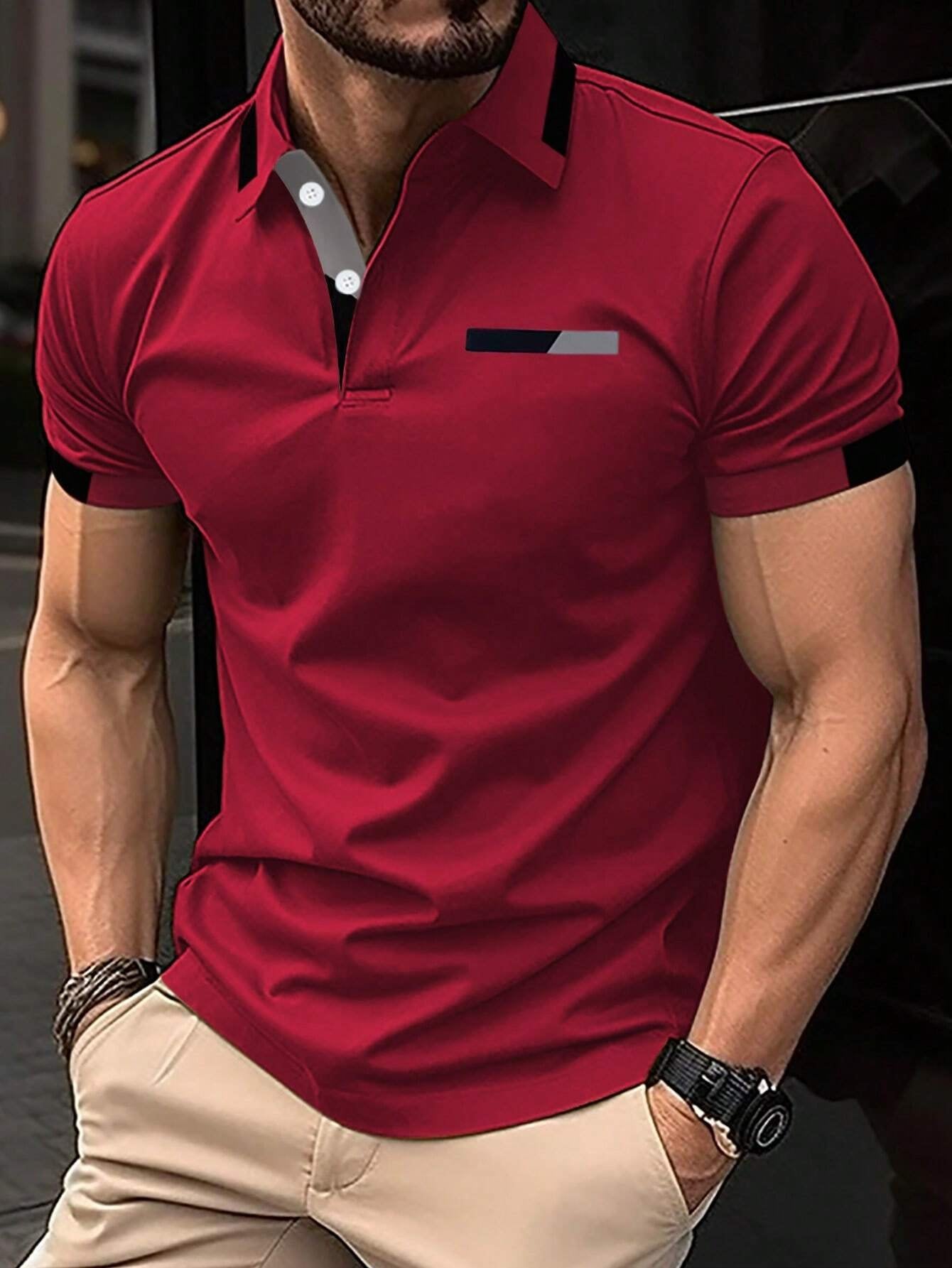Men's Fashionable Fake Pocket Printed Patchwork Short Sleeve Polo Shirt