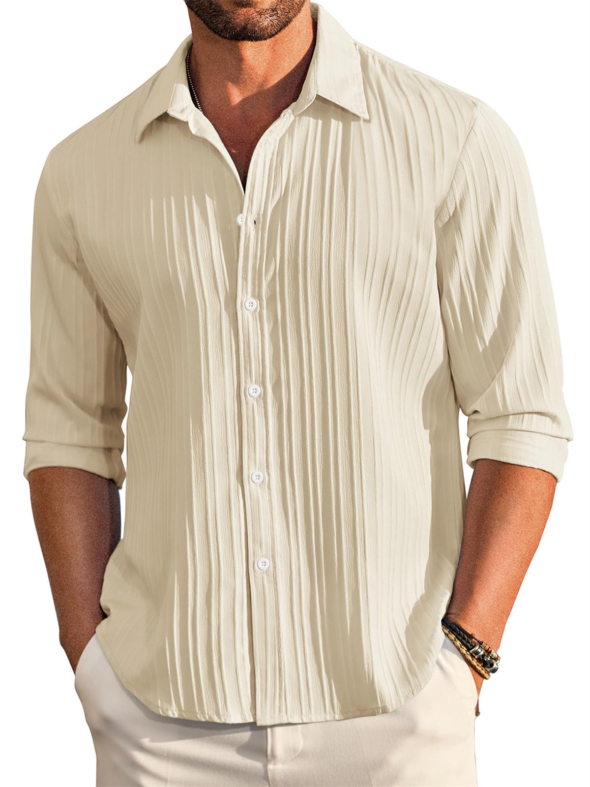 Men's Casual Comfortable Loose Textured Long Sleeve Shirt