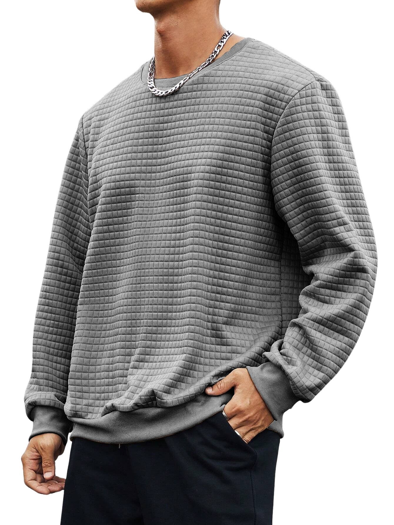 Men's Small Square Waffle Fabric Round Neck Long-sleeved Sweatshirt