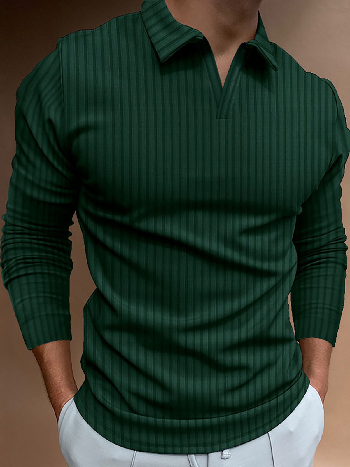 Men's V Neck Slim Striped Long Sleeve Polo Shirt