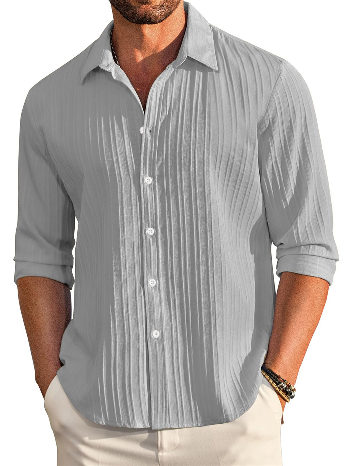 Men's Casual Comfortable Loose Textured Long Sleeve Shirt