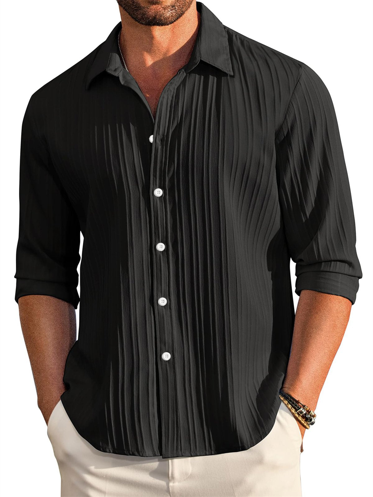 Men's Casual Comfortable Loose Textured Long Sleeve Shirt
