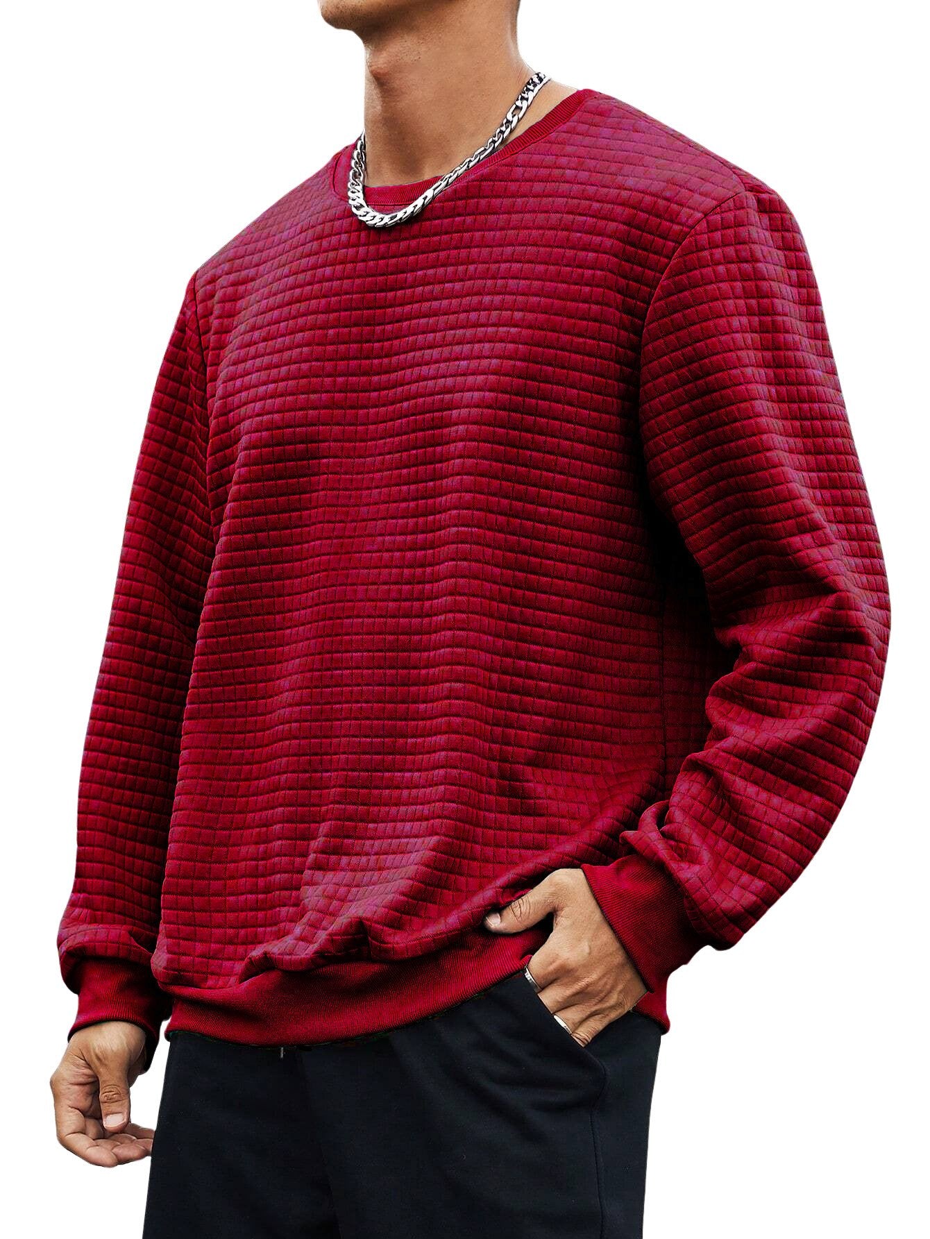 Men's Small Square Waffle Fabric Round Neck Long-sleeved Sweatshirt