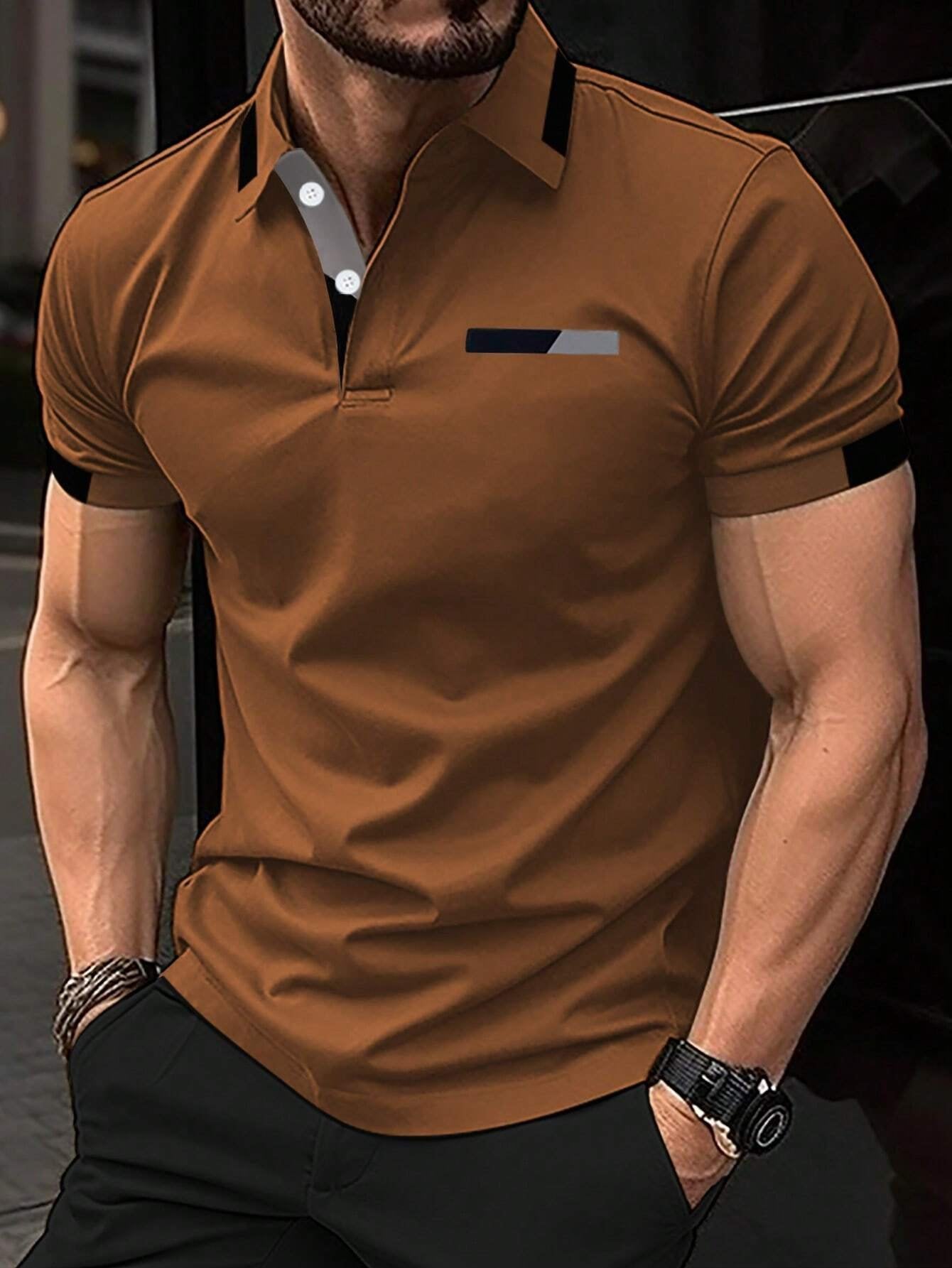 Men's Fashionable Fake Pocket Printed Patchwork Short Sleeve Polo Shirt