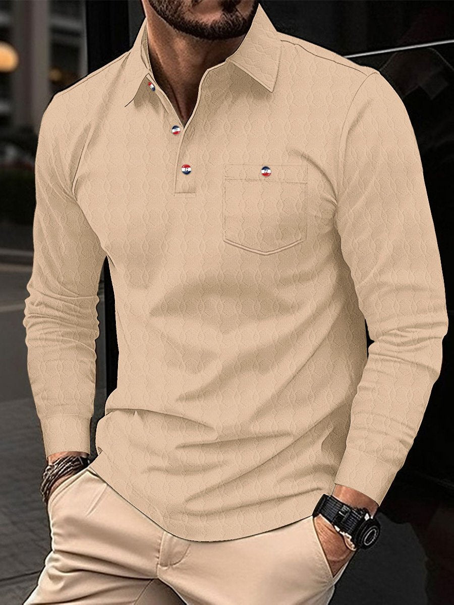 High Quality Men's Pocket Long Sleeve Jacquard Lapel Polo