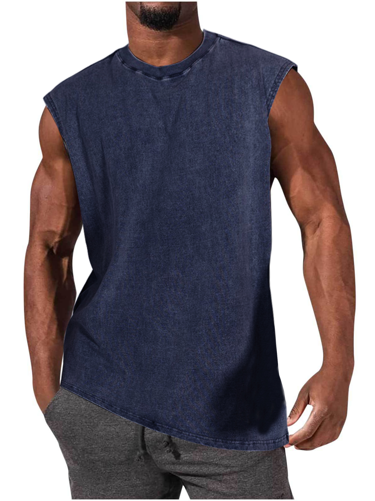Men's 100% Cotton Washed And Distressed Vintage Round Neck Sleeveless Sports Tank Top