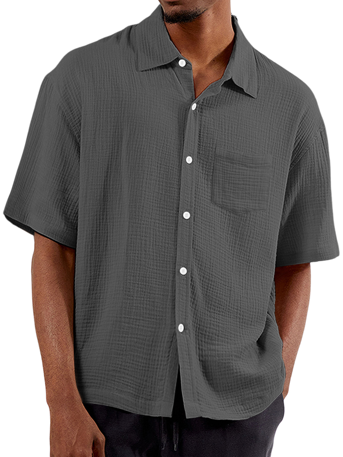 Men's Summer Solid Color Pleated Lapel Pocket Comfort Short Sleeve Shirt