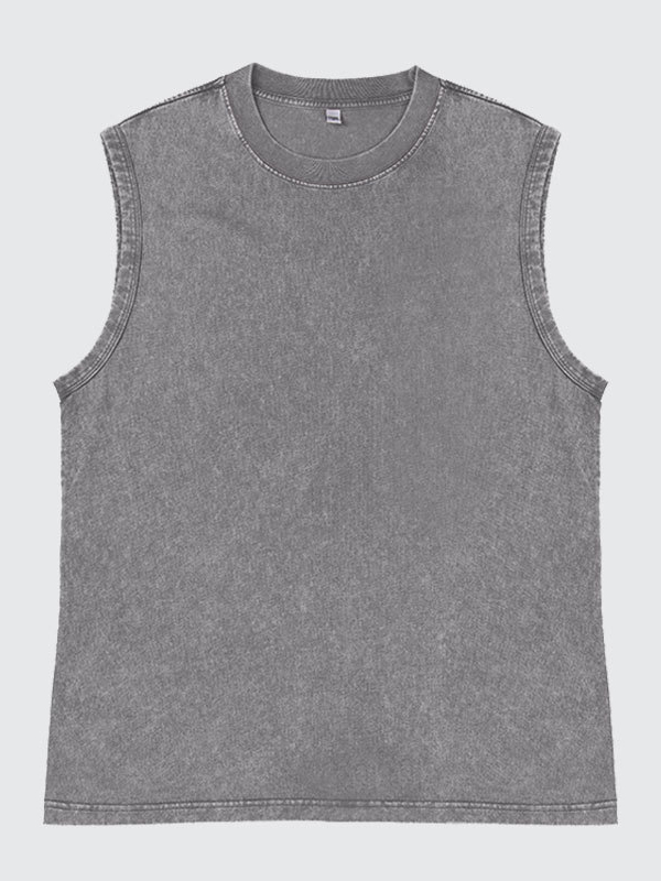 Men's 100% Cotton Washed And Distressed Vintage Round Neck Sleeveless Sports Tank Top