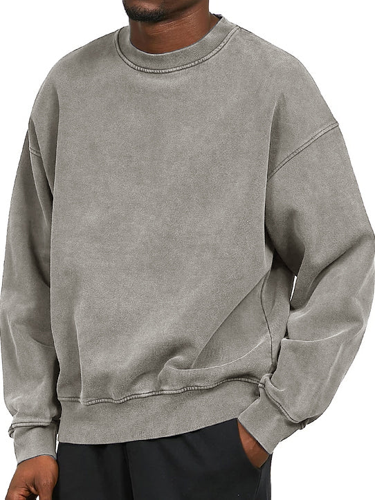 Men's Washed Distressed Cotton Basic Round Neck Long-sleeved Sweatshirt