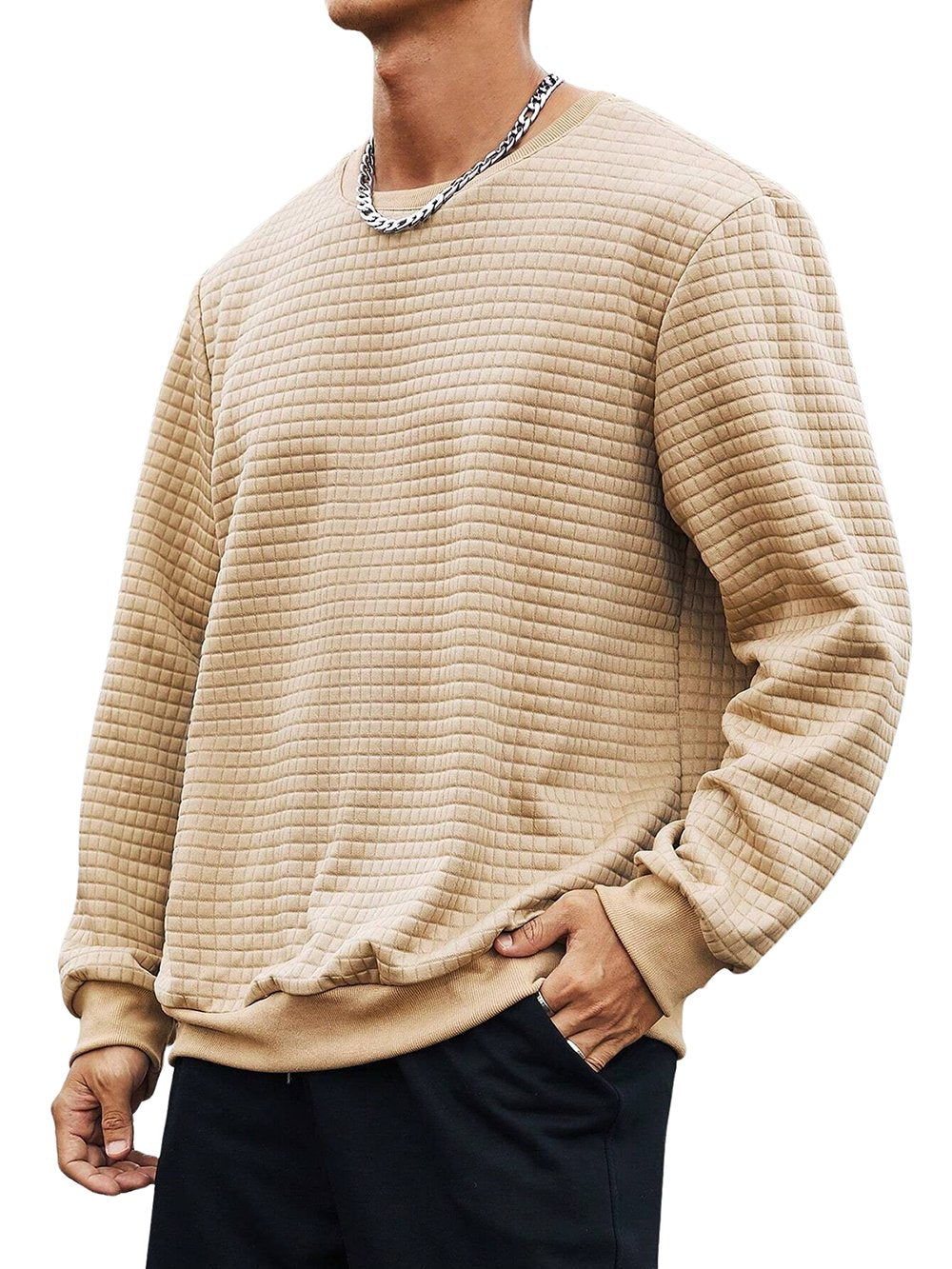 Men's Small Square Waffle Fabric Round Neck Long-sleeved Sweatshirt