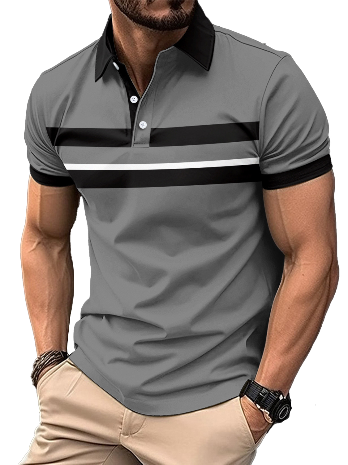 Men's Horizontal Striped Casual Lapel Short-Sleeved POLO Shirt