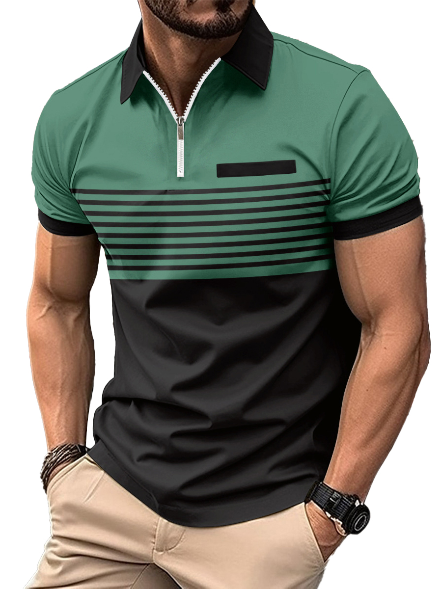 Men's Zip Printed Striped Polo Shirt