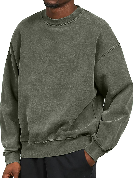 Men's Distressed Washed Cotton Round Neck Long-sleeved Sweatshirt