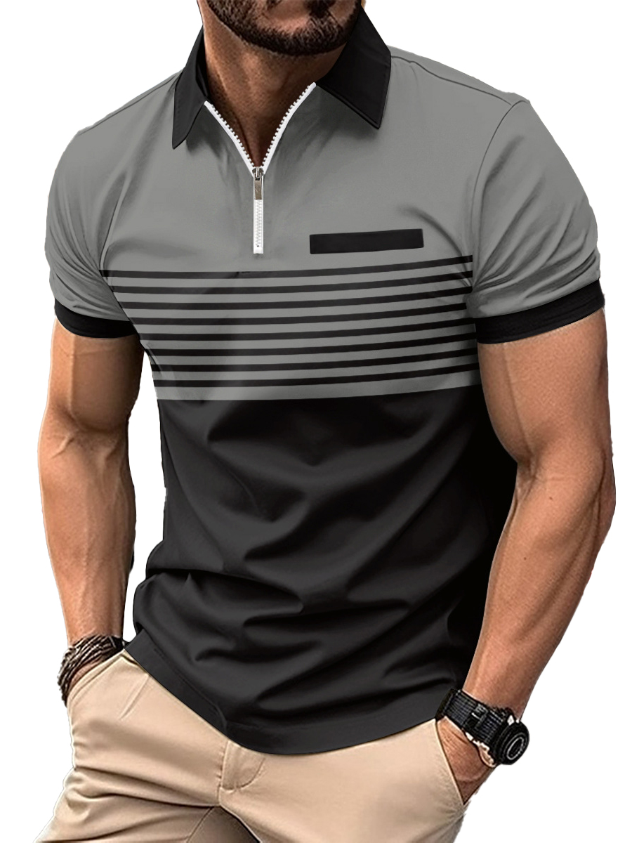 Men's Zip Printed Striped Polo Shirt
