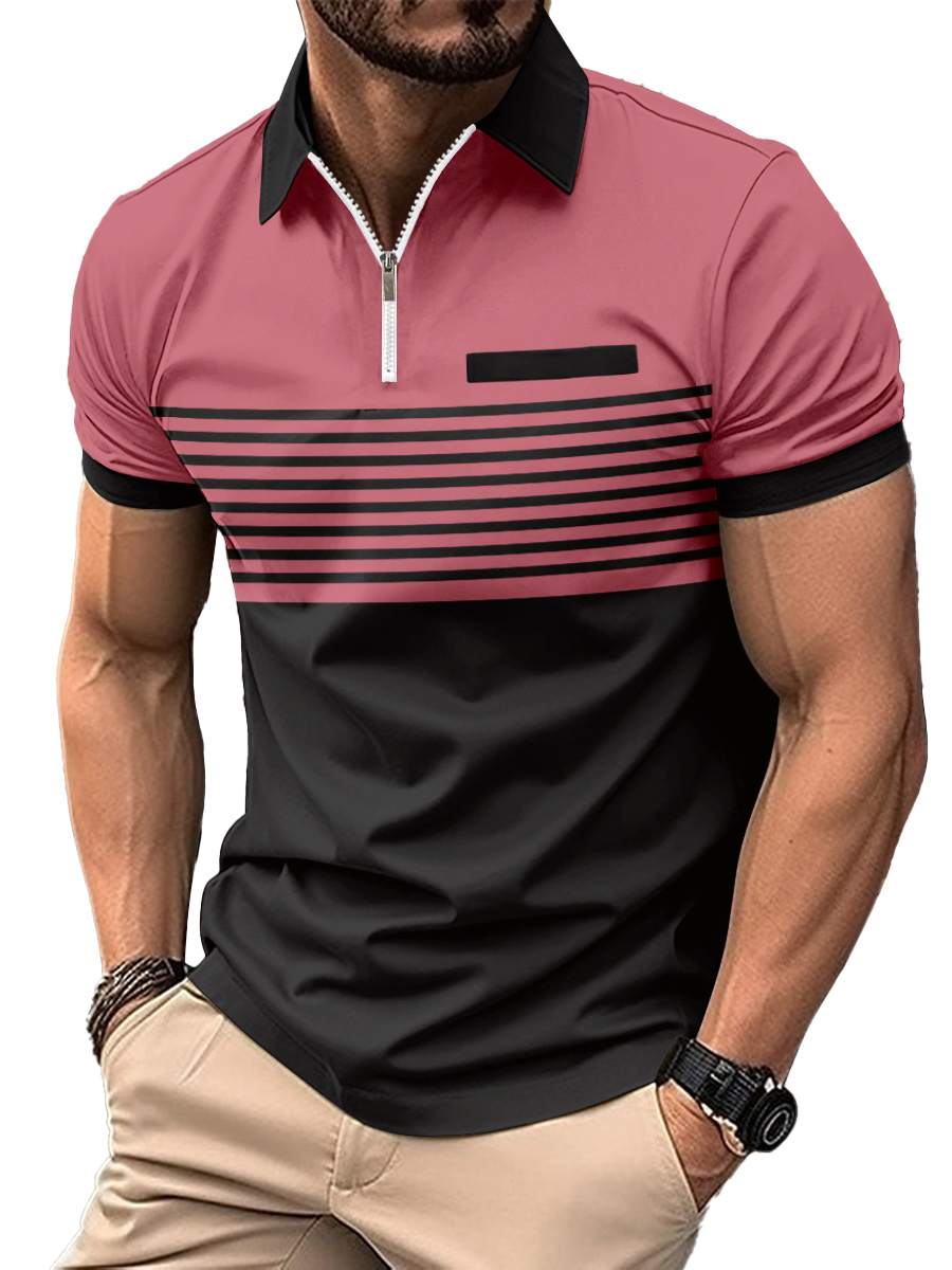 Men's Zip Printed Striped Polo Shirt