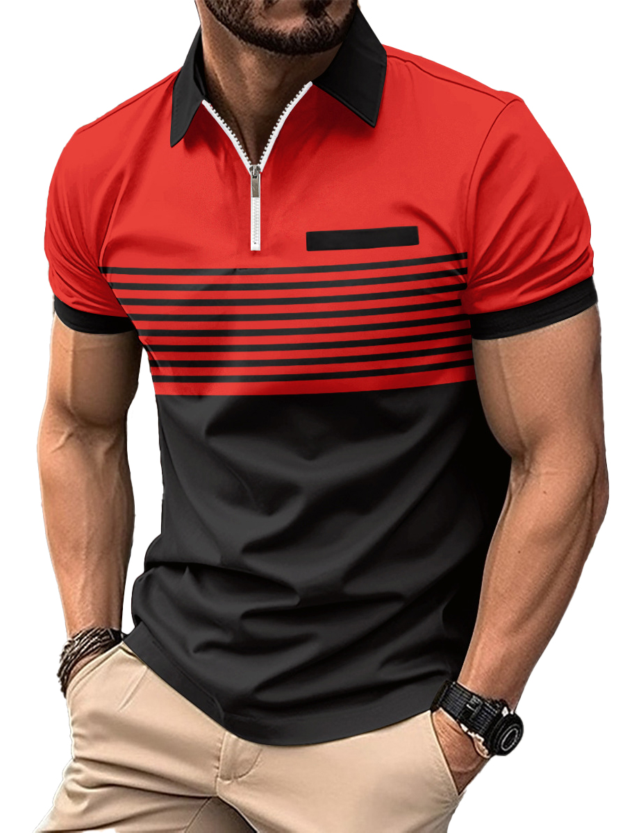 Men's Zip Printed Striped Polo Shirt