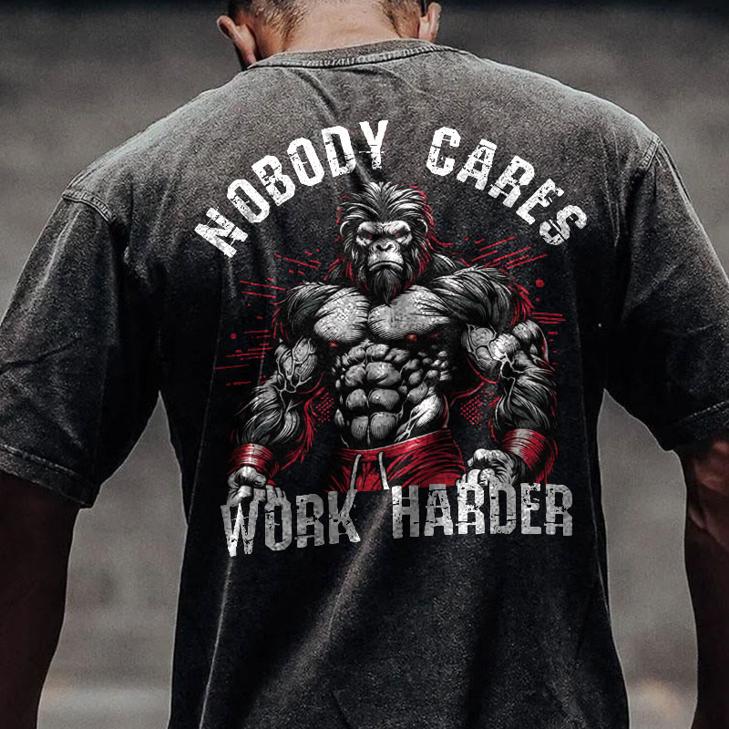 100% Cotton Nobody Cares Work Harder Gym Print Acid Washed T-shirt