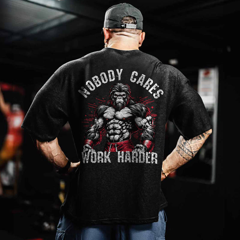 100% Cotton Nobody Cares Work Harder Gym Print Acid Washed T-shirt