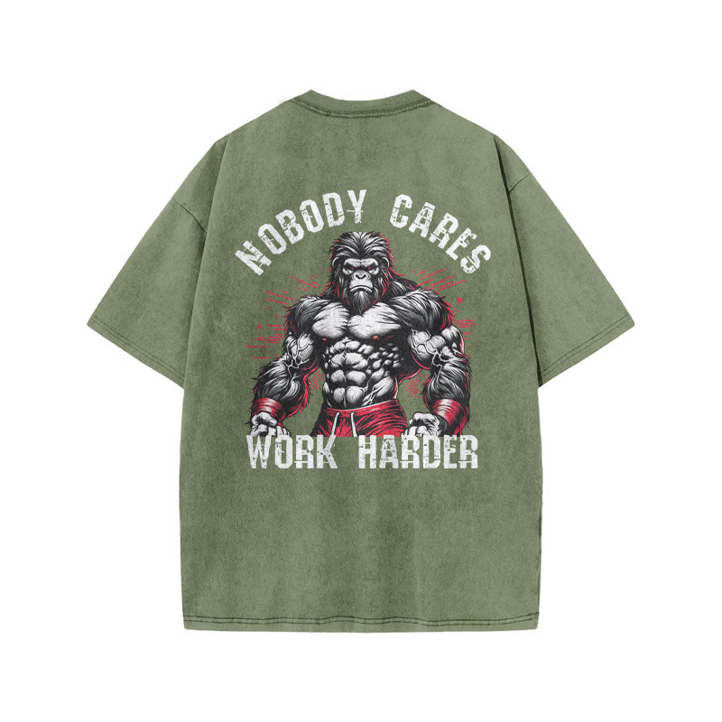 100% Cotton Nobody Cares Work Harder Gym Print Acid Washed T-shirt