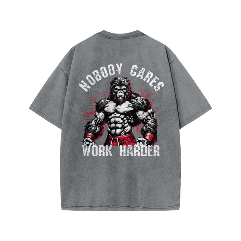 100% Cotton Nobody Cares Work Harder Gym Print Acid Washed T-shirt