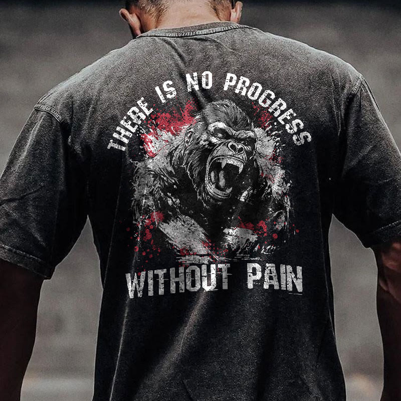 100% Cotton There's No Progress Without Pain Gym Print Acid Washed T-shirt - image 3