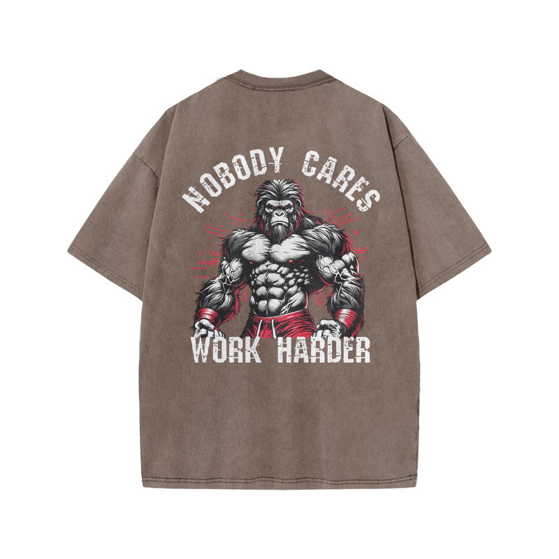 100% Cotton Nobody Cares Work Harder Gym Print Acid Washed T-shirt