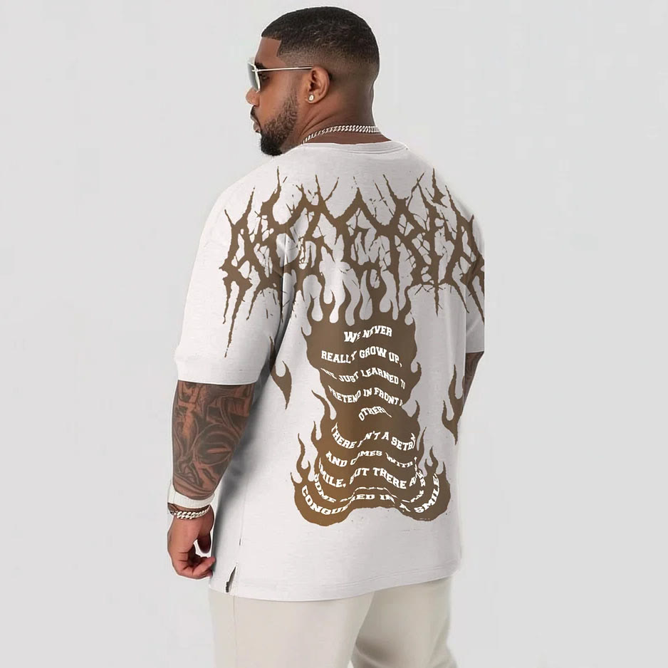 Flaming Bear Letter Pattern Back Print Men's Plus Size Short Sleeve T-Shirt