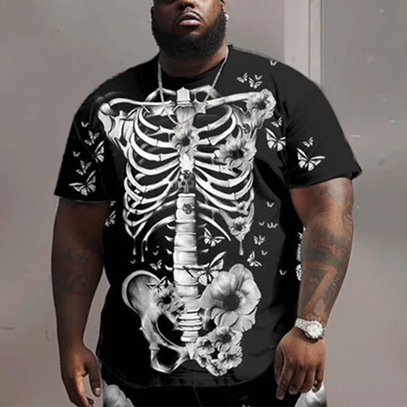 Men's Plus Size Street Casual Skull Floral Butterfly Print T-shirt