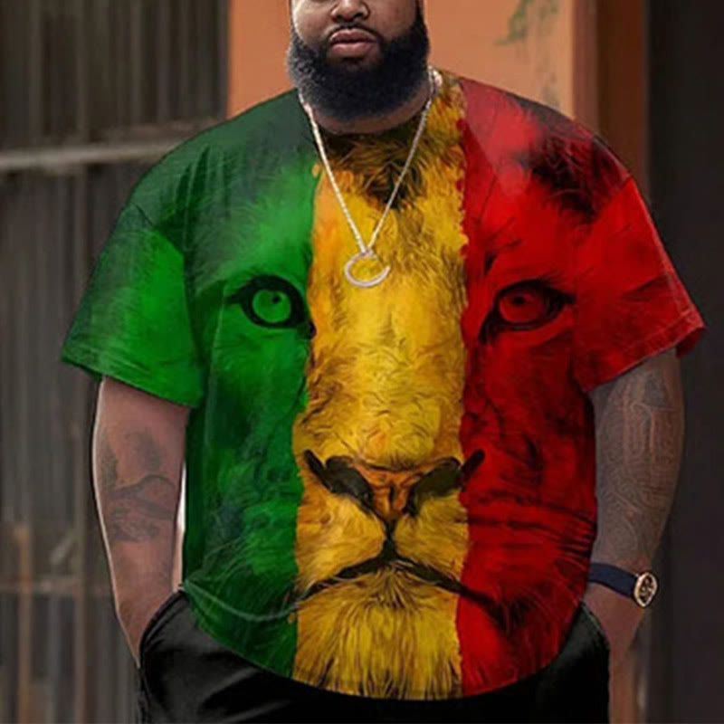 Street Red Green Yellow Block Lion Print Large Men's Plus Size T-shirt