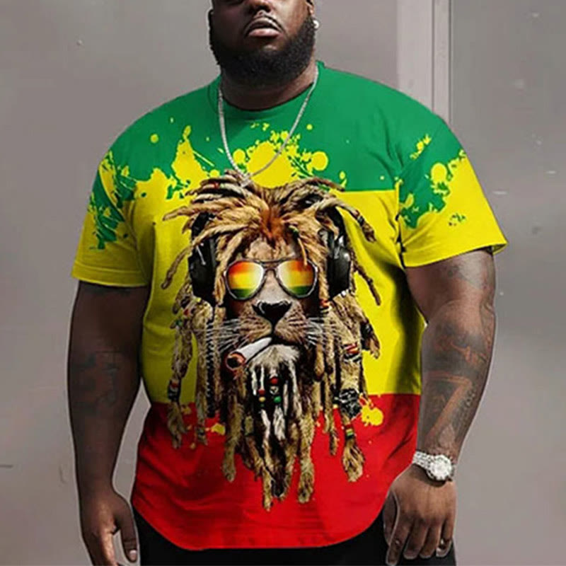 Street Red Green Yellow Block Lion Print Large Men's Plus Size T-shirt