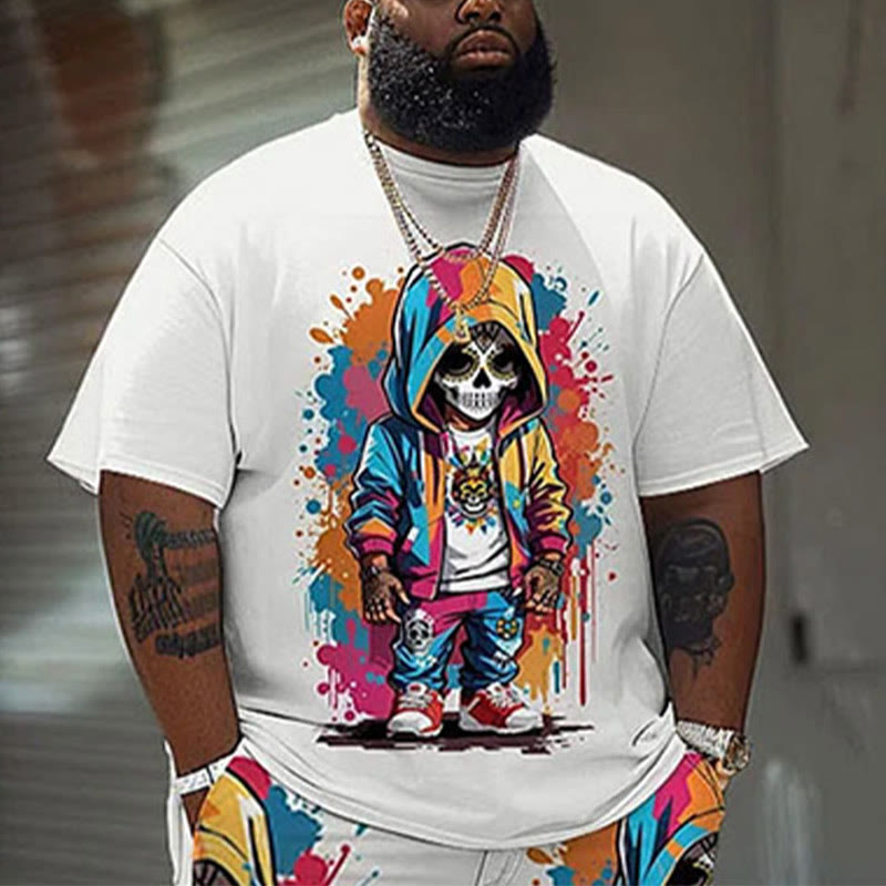 Men's Plus Size Street Fashion Colorful Graffiti Skull Print T-shirt