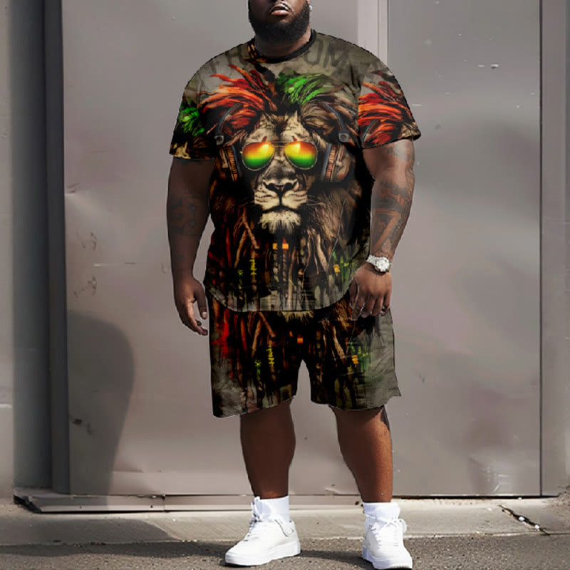 Men's Plus Size Colorful Sunglasses Cool Lion T-shirt Two-piece Set
