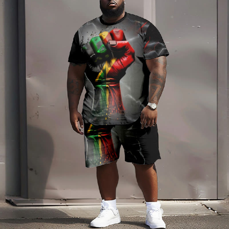 Men's Plus Size Creative Colorful Powerful Hand Casual Short Sleeve T-shirt Two-piece Set