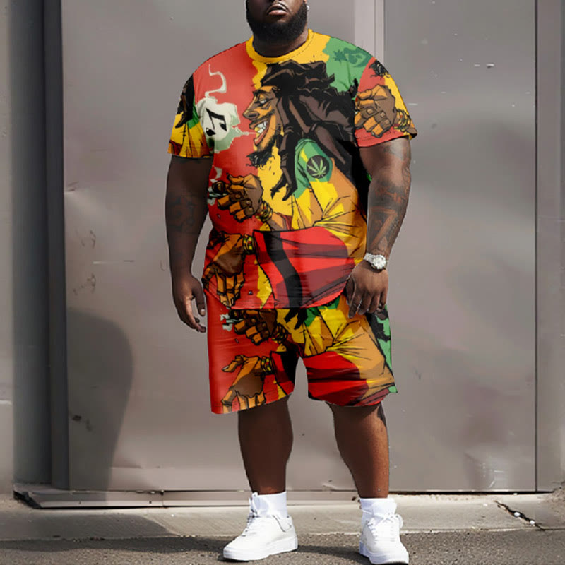 Men's Plus Size Reggae Musician Image Casual Short Sleeve T-shirt Two-piece Set
