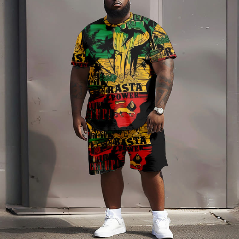 Men's Plus Size Rasta Power Abstract Lion Graffiti Casual Short Sleeve T-shirt Two-piece Set