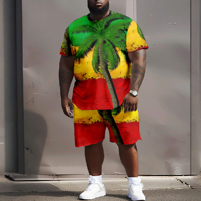 Men's Plus Size Reggae Coconut Tree Casual Short Sleeve T-shirt Two-piece Set