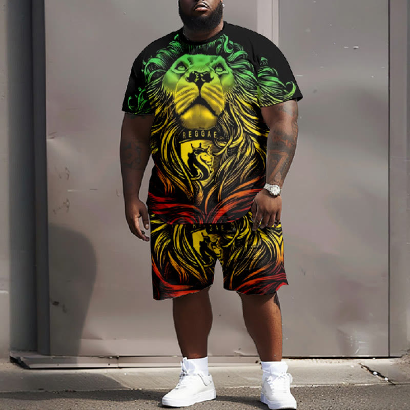 Men's Plus Size Abstract Reggae Lion Casual Short Sleeve T-shirt Two-piece Set