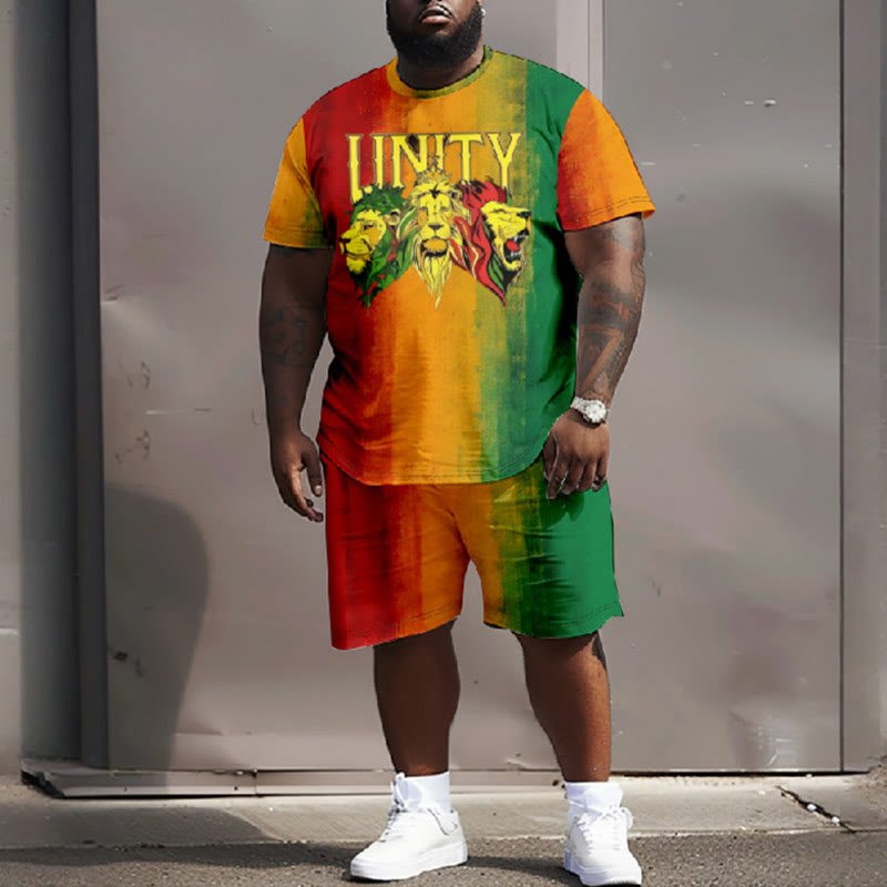 Men's Plus Size Linity Reggae Lion Face Casual Short Sleeve T-shirt Two-piece Set