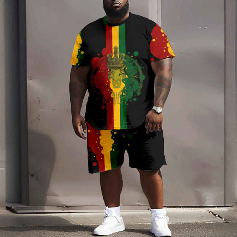 Men's Plus Size Abstract Reggae Lion Face Logo Casual Short Sleeve T-shirt Two-piece Set