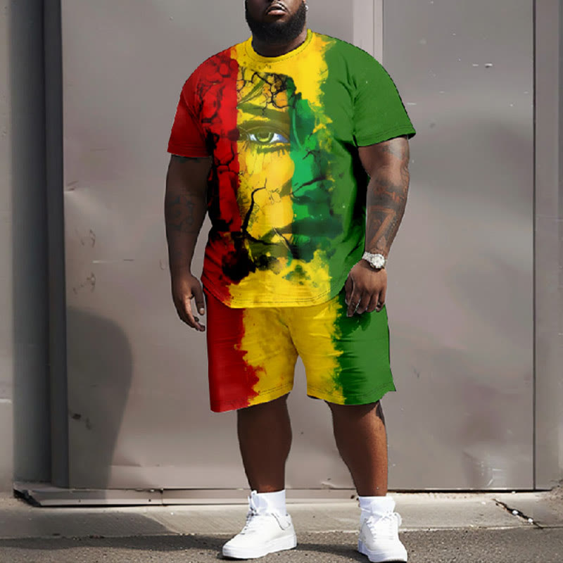 Men's Plus Size Reggae Abstract Human Face  T-shirt Two-piece Set