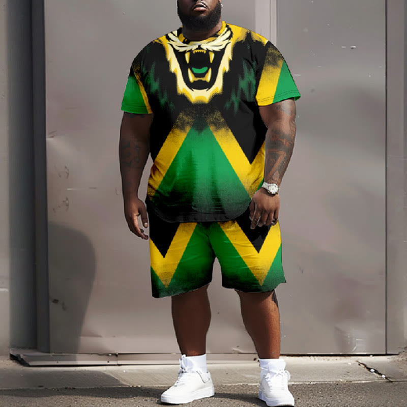 Men's Plus Size Blurry Old Style Roaring Lion Face T-shirt Two-piece Set