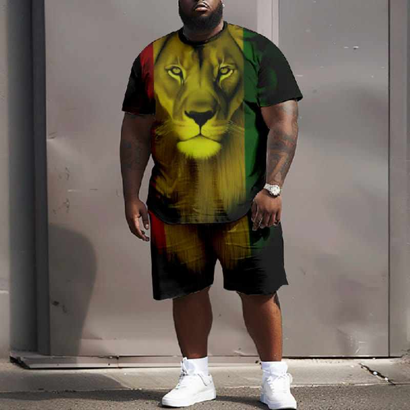 Men's Plus Size Summer Casual Tender Lioness Short Sleeve T-shirt Two-piece Set