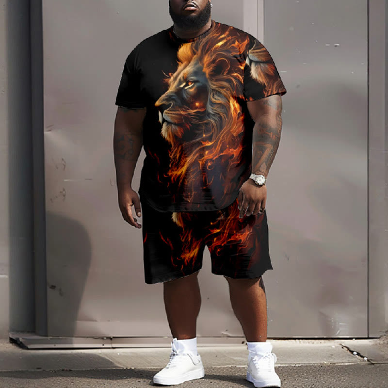 Men's Plus Size Oil Painting Fantasy Shining Lion Casual Short Sleeve T-shirt Two-piece Set