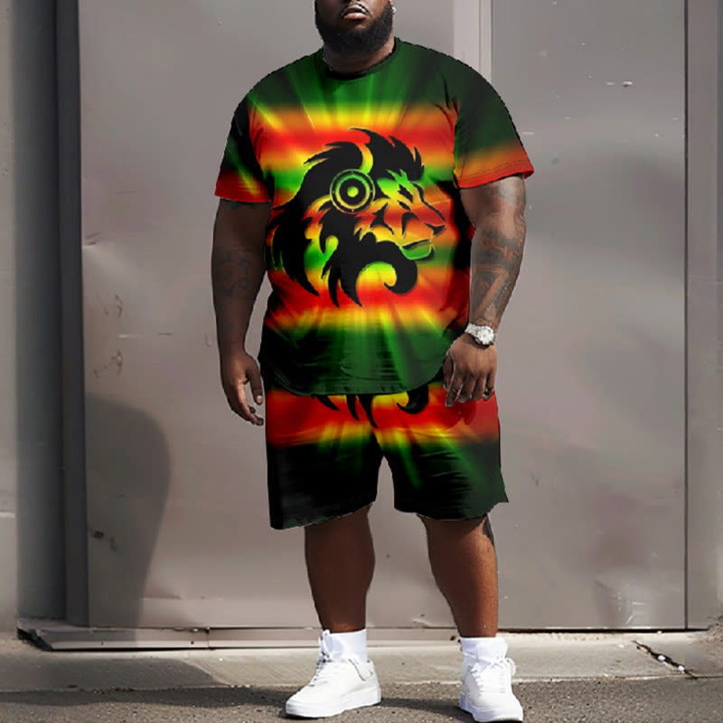 Men's Plus Size Creative Ombre Musical Lion Face Short Sleeve T-shirt Two-piece Set