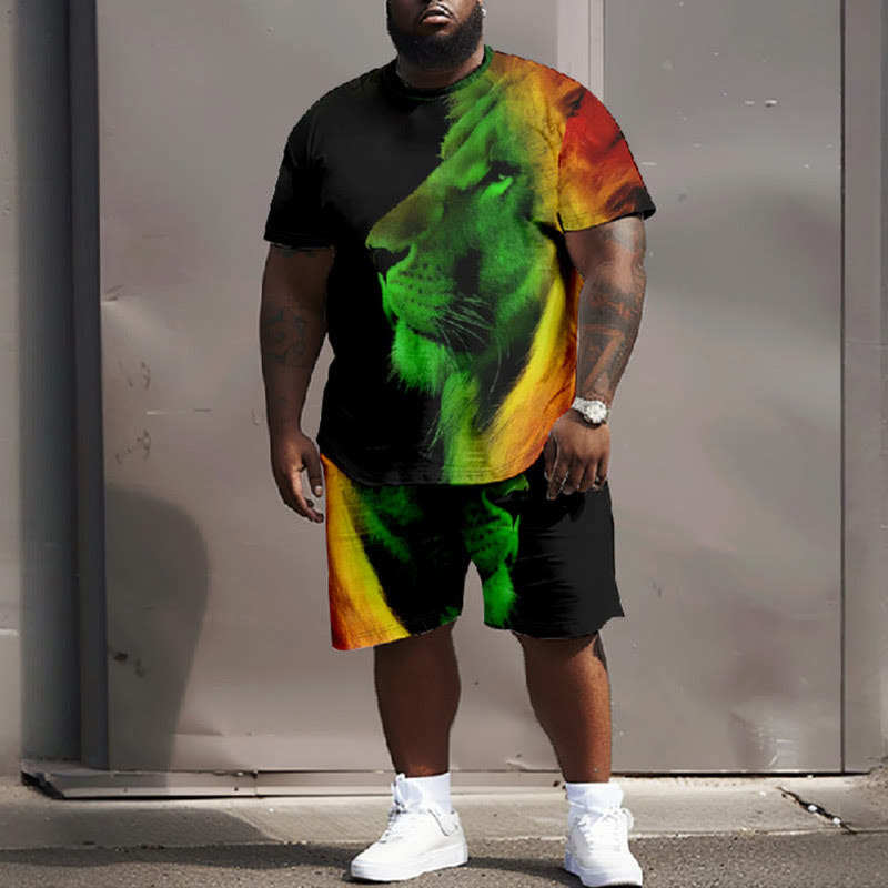 Men's Plus Size Summer Fashion Reggae Lion Face T-shirt Two-piece Set