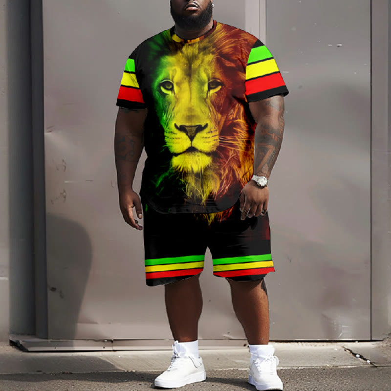 Men's Plus Size Summer Simple Reggae Smiling Lion T-shirt Two-piece Set